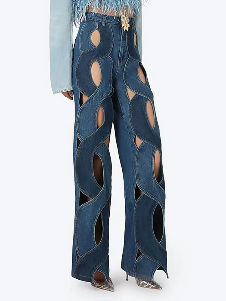 BPN Temperament Hollow Out Jeans For Women High Waist Patchwork Appliques Solid Casual Loose Wide Leg Denim Pants Female Fashion