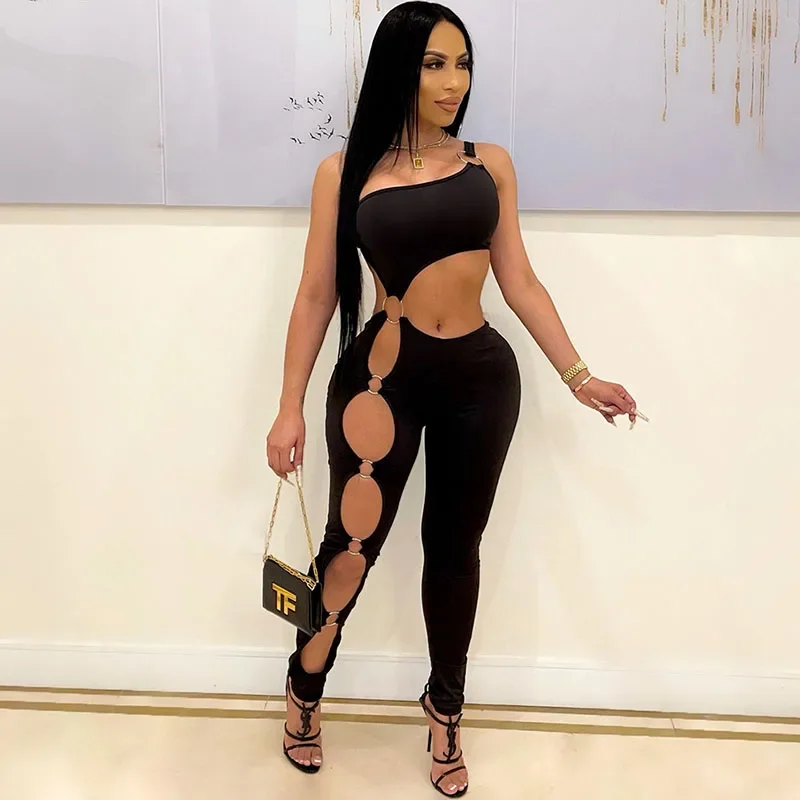 Seksowny kombinezon jedno ramię Bodycon damski bez rękawów jednolity, drążony jednoczęściowy kombinezon nocna impreza klubowa stroje urodzinowe Catsuit