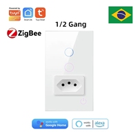 Tuya Smart ZigBee Brazil Plug Switch 1/2 Gang Smart Light Switch 10A Smart Socket Glass Panel  Work With Alexa Google home