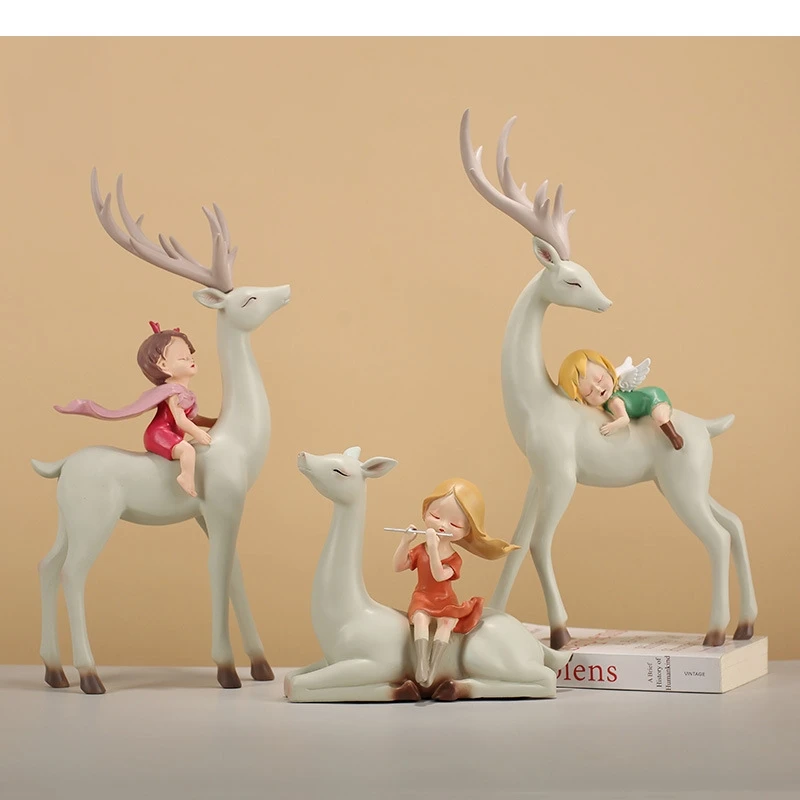 

Resin Crafts Cartoon Girl Deer Artificial Animal Sculpture Children's Room Furnishings Dream with Home Decoration