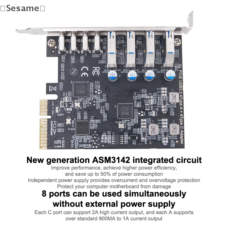 USB3.2 Gen2 10Gbps Expansion Card PCI-E To 4-Port Type-C+Type-A 8-Port Adapter USB HUB Multiplier For Desktop PC