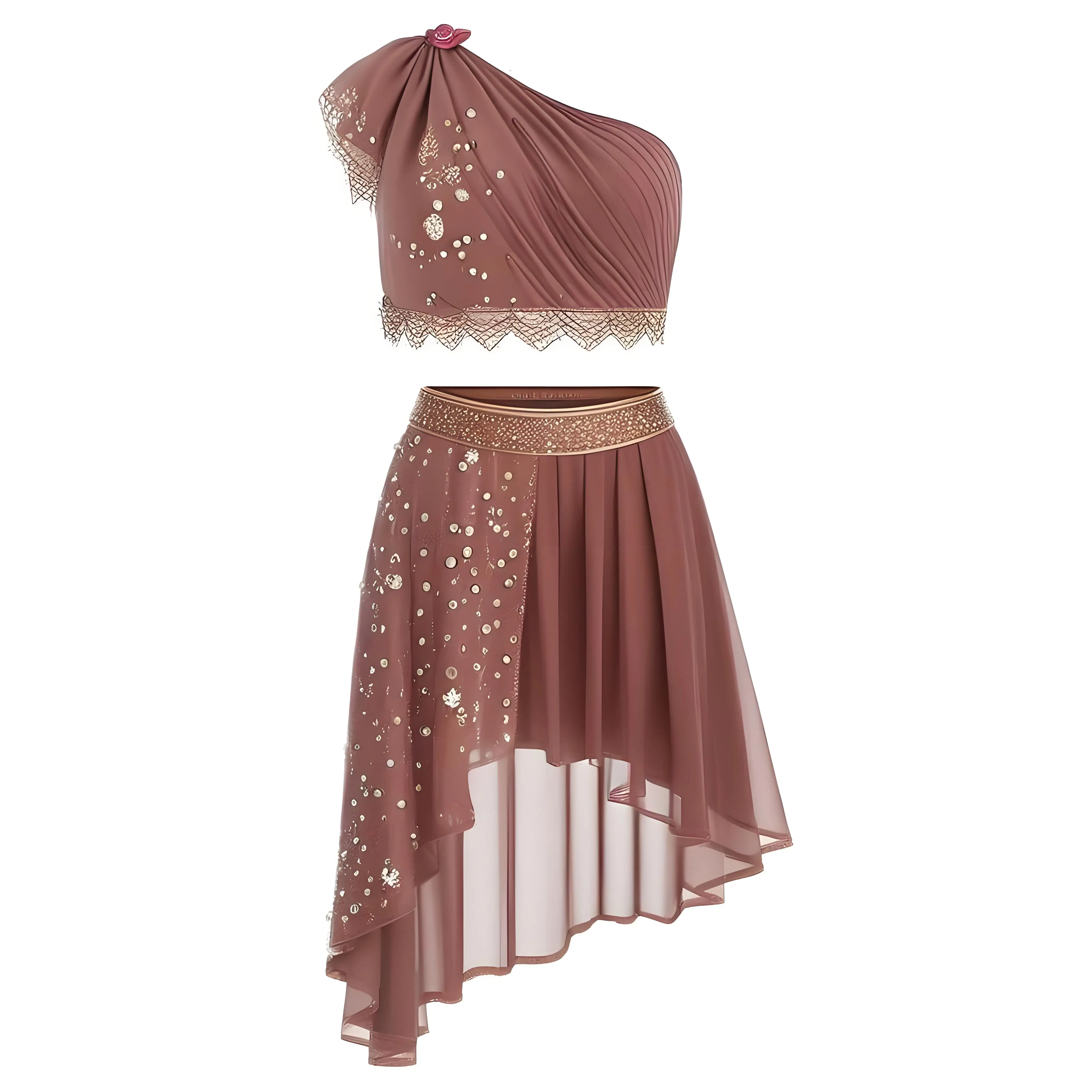 Kid Girl Lyrical Dance Set Modern Contemporary Costume Rhinestones Crop Top with Skirte Leotard Figure Skating Dance Performance