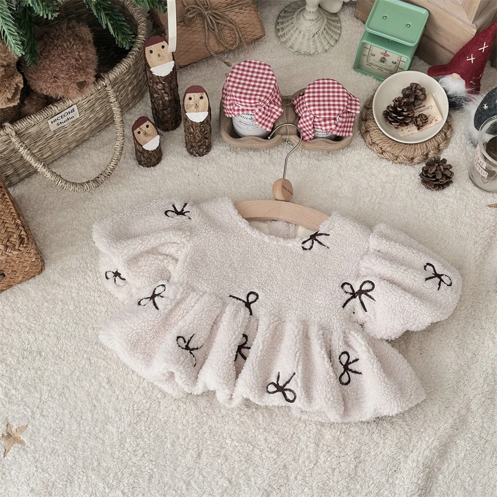 Baby Clothing Bow Embroidery Bubble Sleeve Top 2024 New Winter Girl Baby Lamb Wool Top Sweet All Match Fleece Doll Shirt