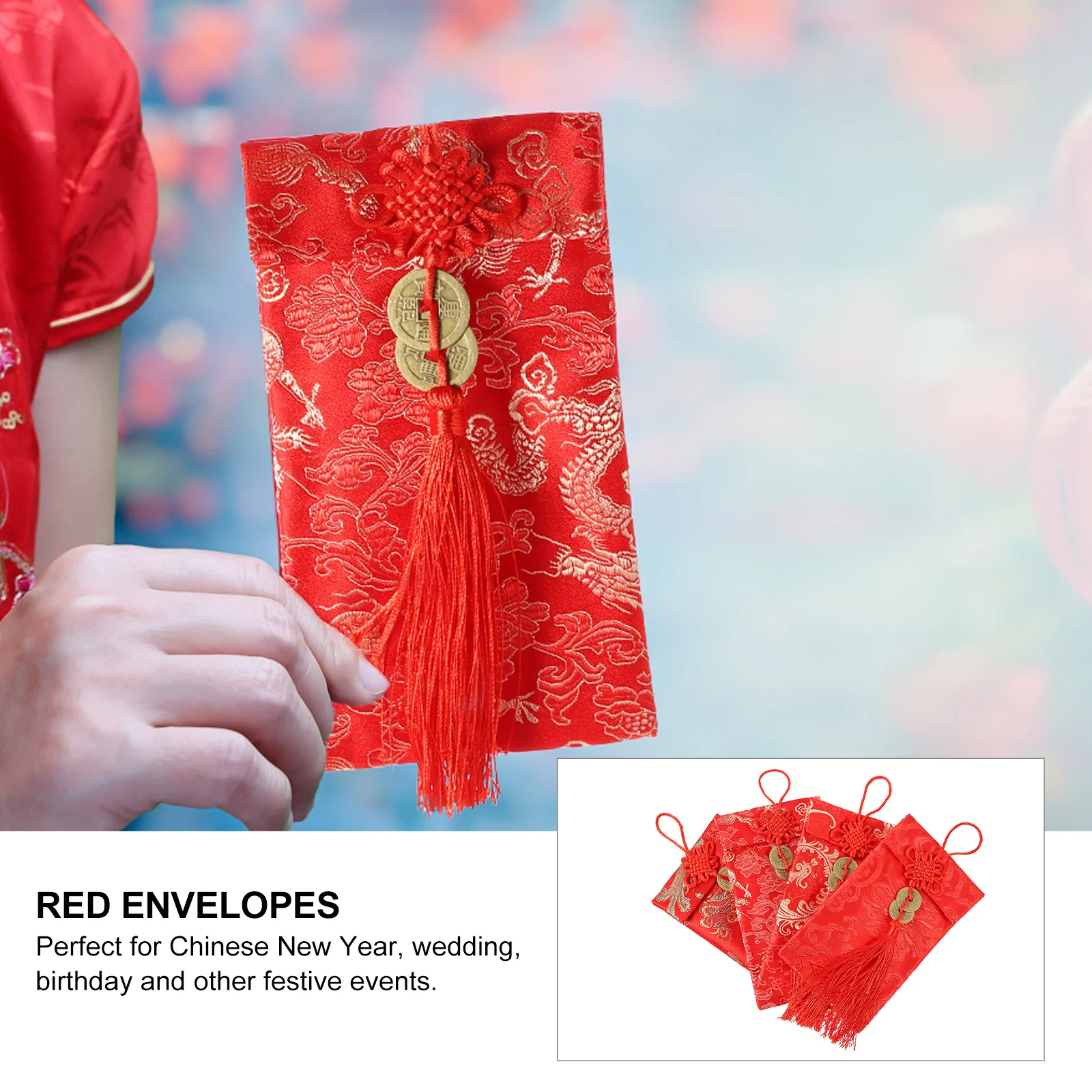 

4Pcs Chinese Style Red Envelopes Premium Crafted Gift Bags for Lunar New Year Wedding Presents Decor