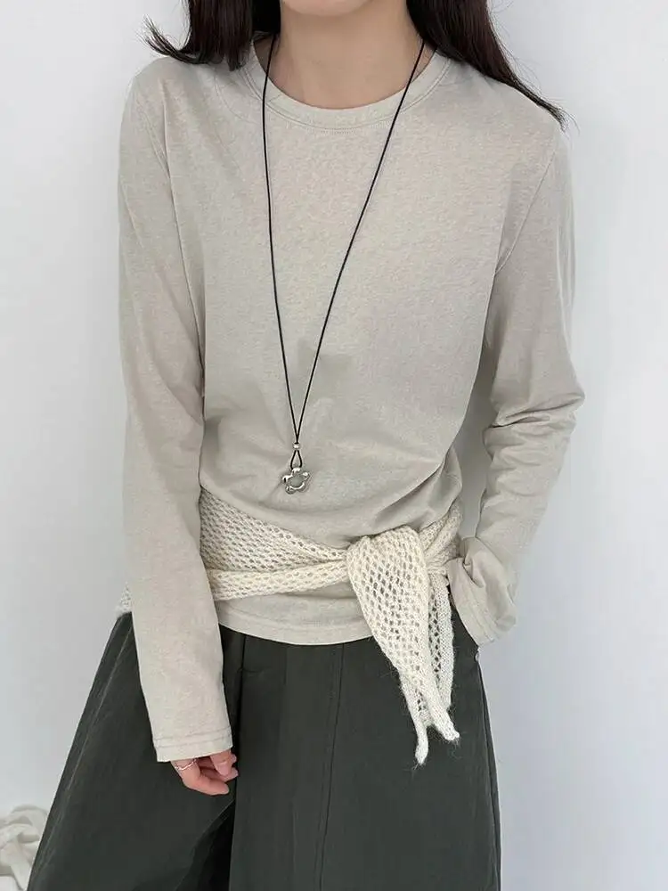 Women Blue Brief Plain Color Casual Elegant T-shirt New Round Neck Long Sleeve Fashion Tide Spring Autumn