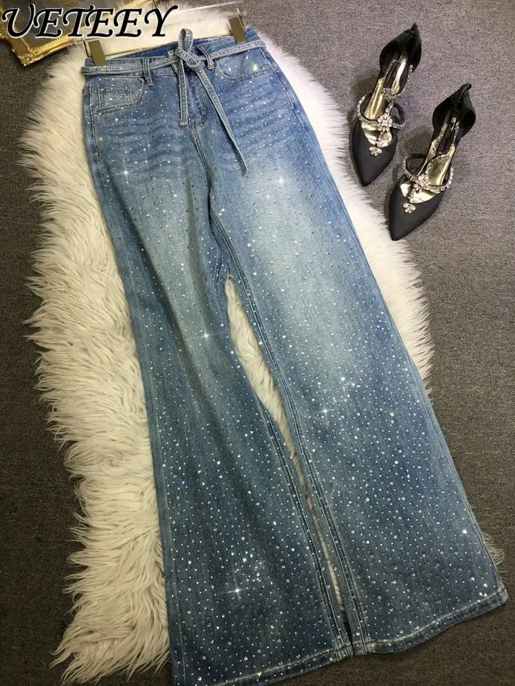 

Heavy-Duty Rhinestone Jeans Women Mid-High Waist Straight-Leg Slim-Fit Light Blue Outerwear Long Pants for Autumn Winter