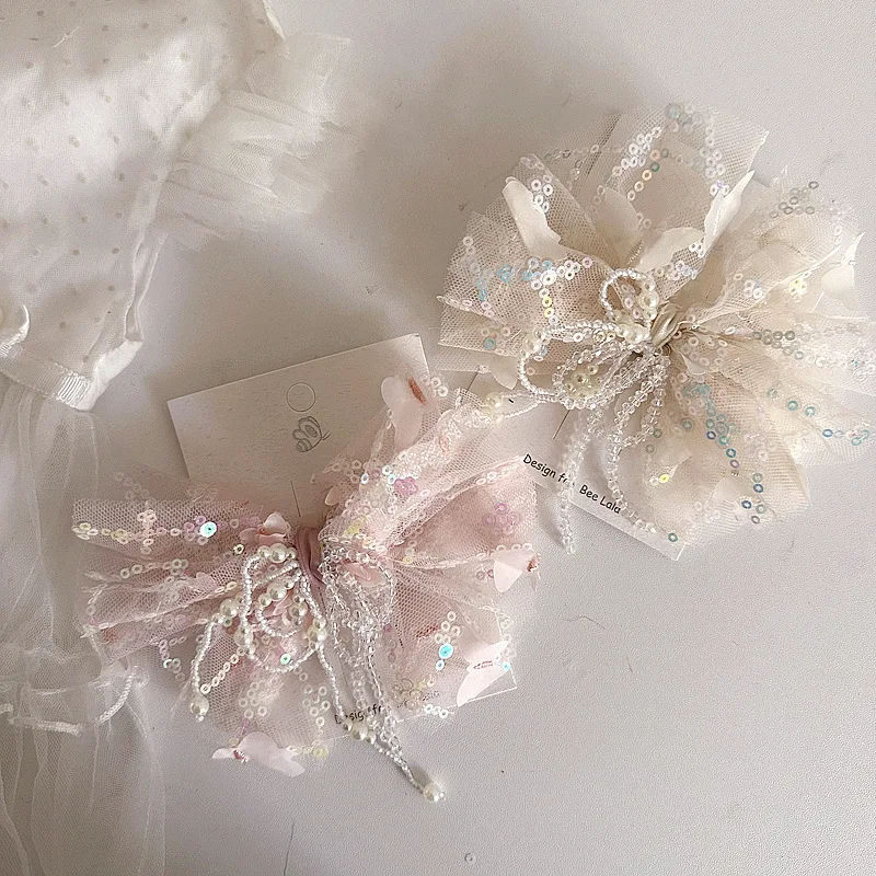 

Заколка для волос принцессы-бабочки с кружевными бусинами и кисточками, милые боковые заколки для волос для девочек, головные уборы для малышей, вечерние аксессуары для волос