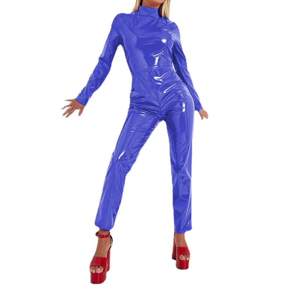 Women's Sexy Candy Color Faux PVC Leather Jumpsuits, Wet Look Female Rompers, High Neck, Long Sleeve, Nightclub Dance Overalls