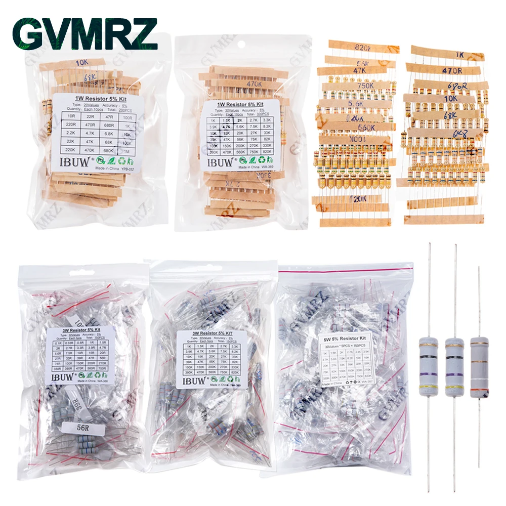 1/2W 1W 2W 3W Resistance 5% Metal Film Resistor Assortment Kit Set 30Kinds Each 5/10PCS 1R~750R 1K~820K Ohm