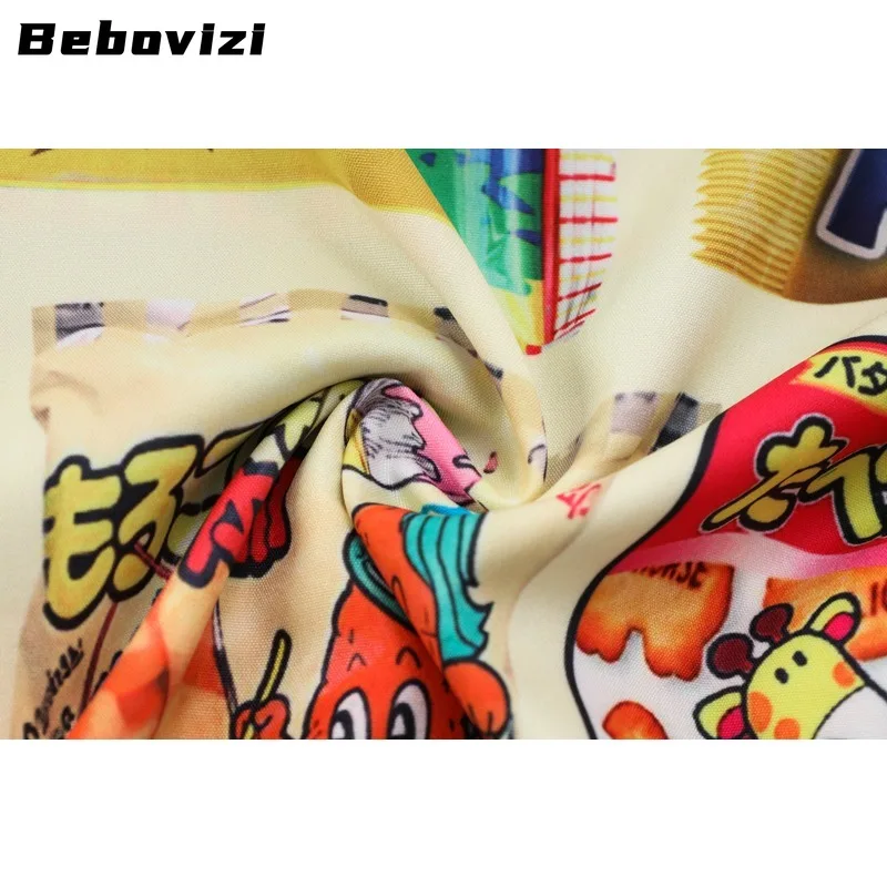 Japanese Cartoon Print Men Hawaiian Shirt Streetwear Beach Turn-down-collar Shirt Casual Summer Short Sleeve