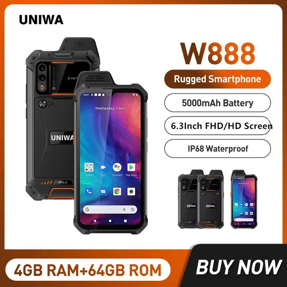 UNIWA W888 방수 스마트폰, 4GB + 64GB, 6.3 인치 FHD/HD 4G 워키토키 PTT 휴대폰, 5000mAh NFC 안드로이드 11 휴대폰 ATEX 