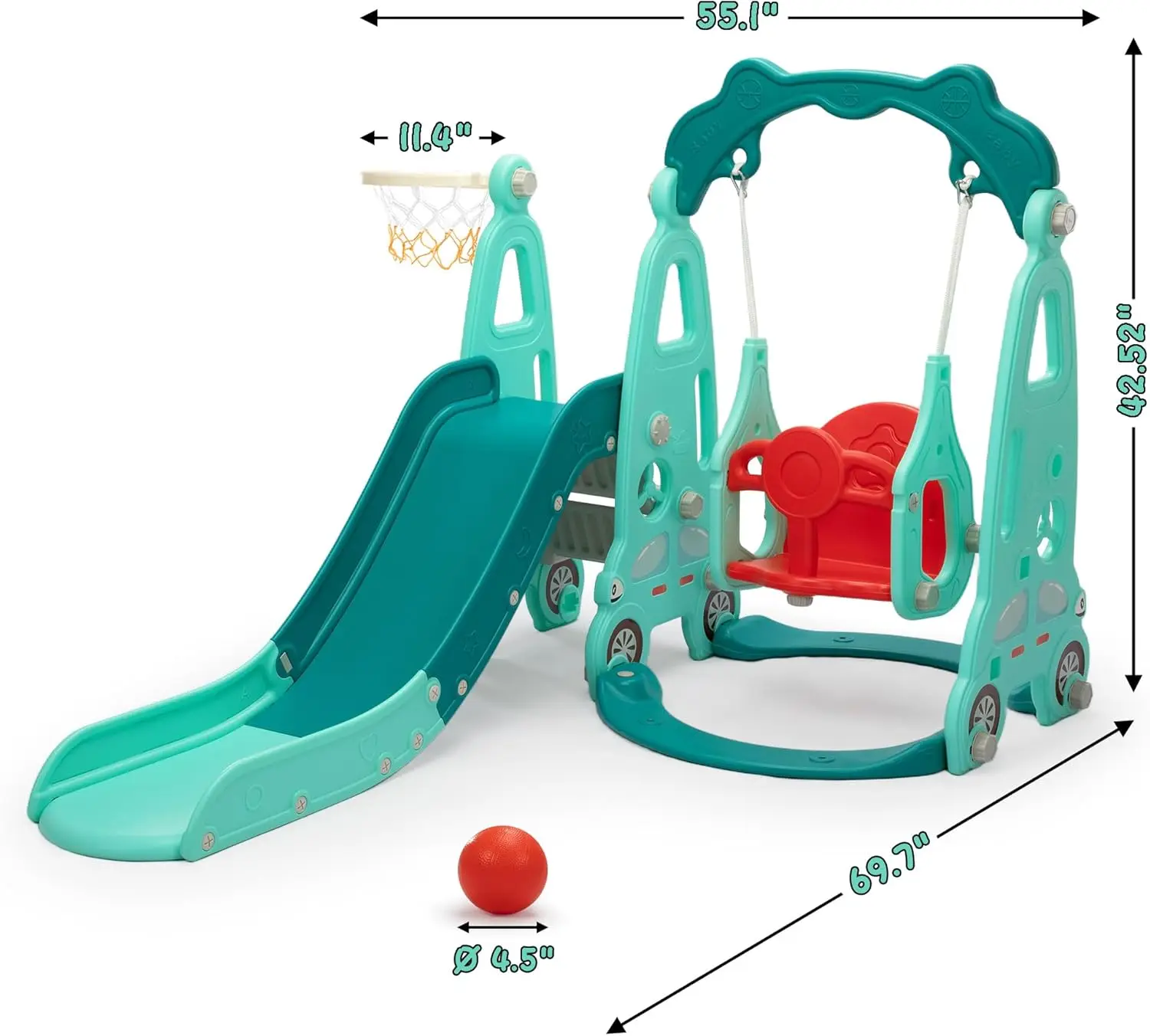 Set altalena per scalatore di diapositive 4 in 1, set da gioco per scalatore di diapositive per bambini indipendente con canestro da basket, parco giochi per bambini all'aperto per interni