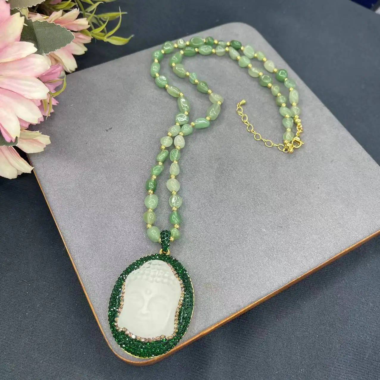 DIY accessories New Buddha head inlaid with natural aventurine sweater chain Mid-Age niche autumn and winter vintage popular nat