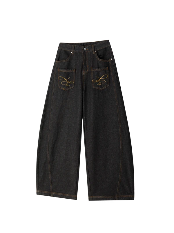 

Широкие джинсы прямого кроя с вышивкой American Vibe для мужчин и женщин, осенние повседневные брюки High Street, свободные джинсы чистого кроя