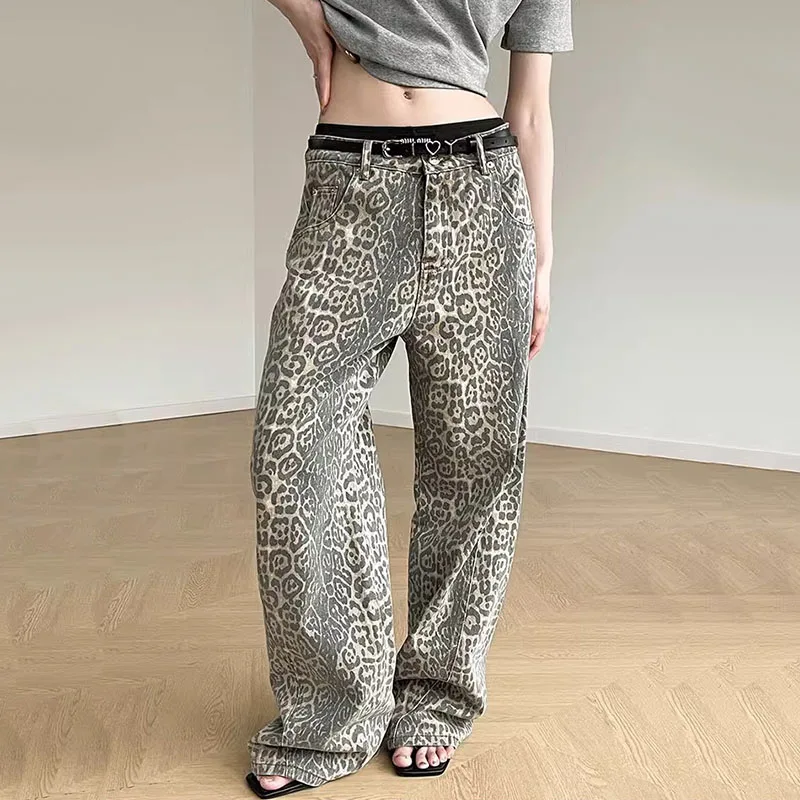 

Женские джинсы с леопардовым принтом и высокой талией, весенне-осенние женские широкие джинсовые брюки, уличная одежда в стиле ретро, женские свободные прямые брюки