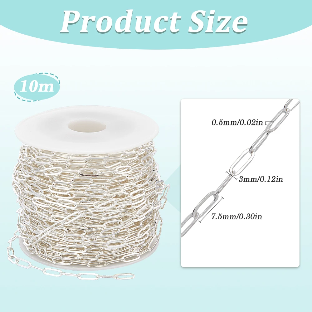 32.81 Feet Silver Paperclip Chain Bulk Oval Chain Links Brass Paper Clip 3mm Jewelry Roll Drawn Elongated Cable Soldered