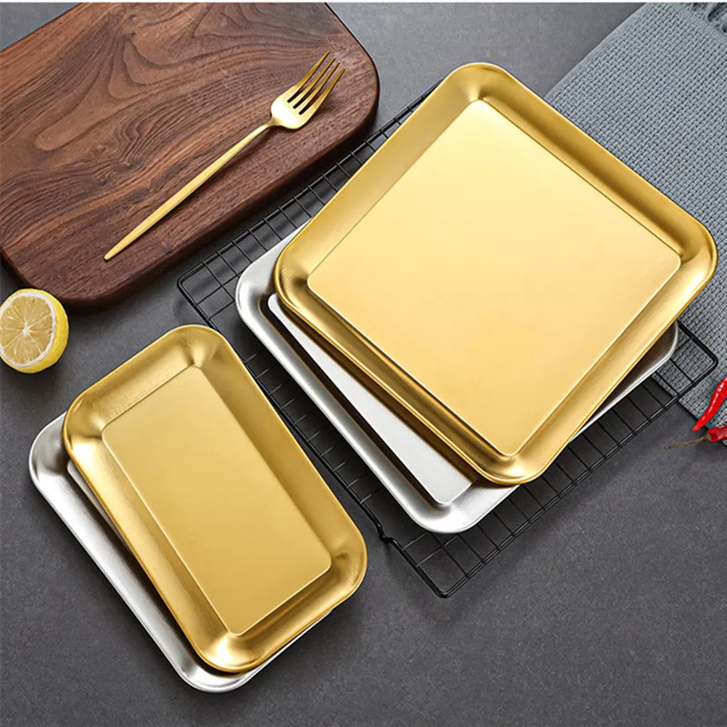 Rectangular Shallow Storage Tray 304 Stainless Steel Fruit Plates for Food Steamed Dish Pastry Baking Pan Kitchen Utensils