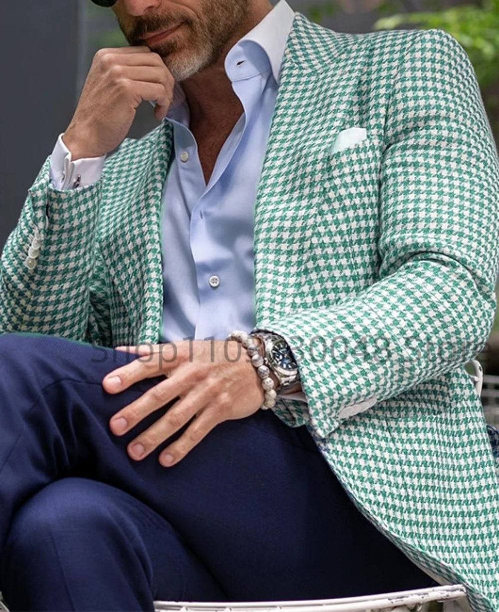 

Casual Men's Houndstooth Woolen Blazer Suits Jacket Peak Lapel One Button Blazer Wedding Business One Coat for Autumn Winter