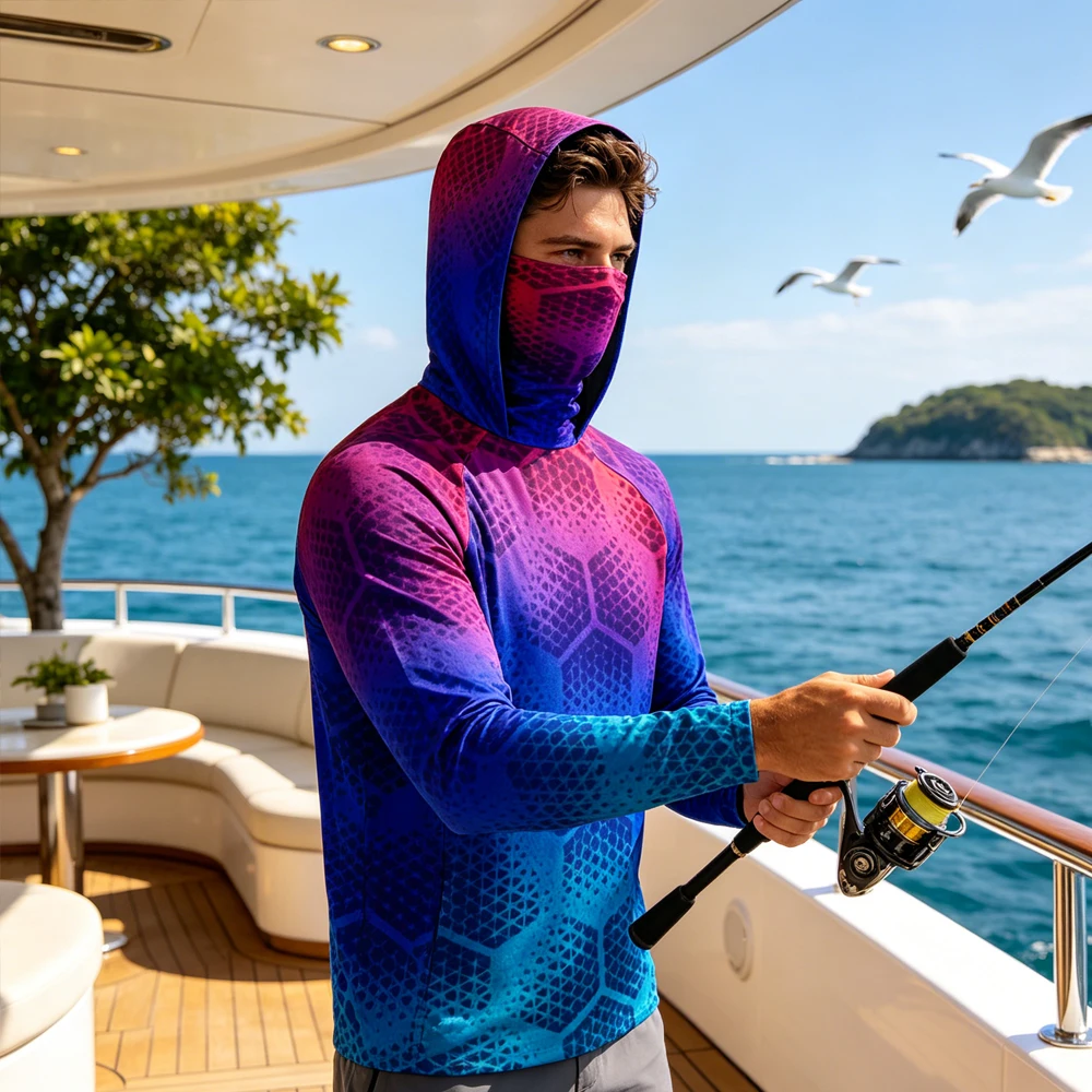 

Men's Anti UV Long Sleeve Fishing Shirt With Face Mask Hood Quick Dry Breathable Lightweight Fishing Clothing Wear for Fishing