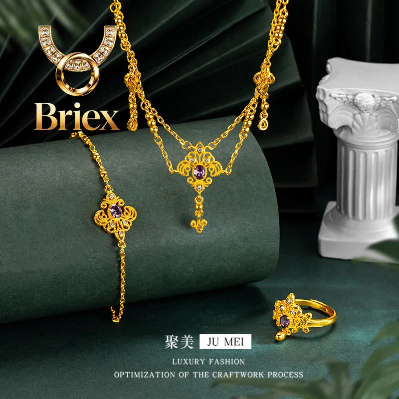 Briex Jewelry Luxury 24K 9999 Pure Gold real gold Twilight Mountain Purple Kite Set Chain Women's Bracelet Ring Necklace