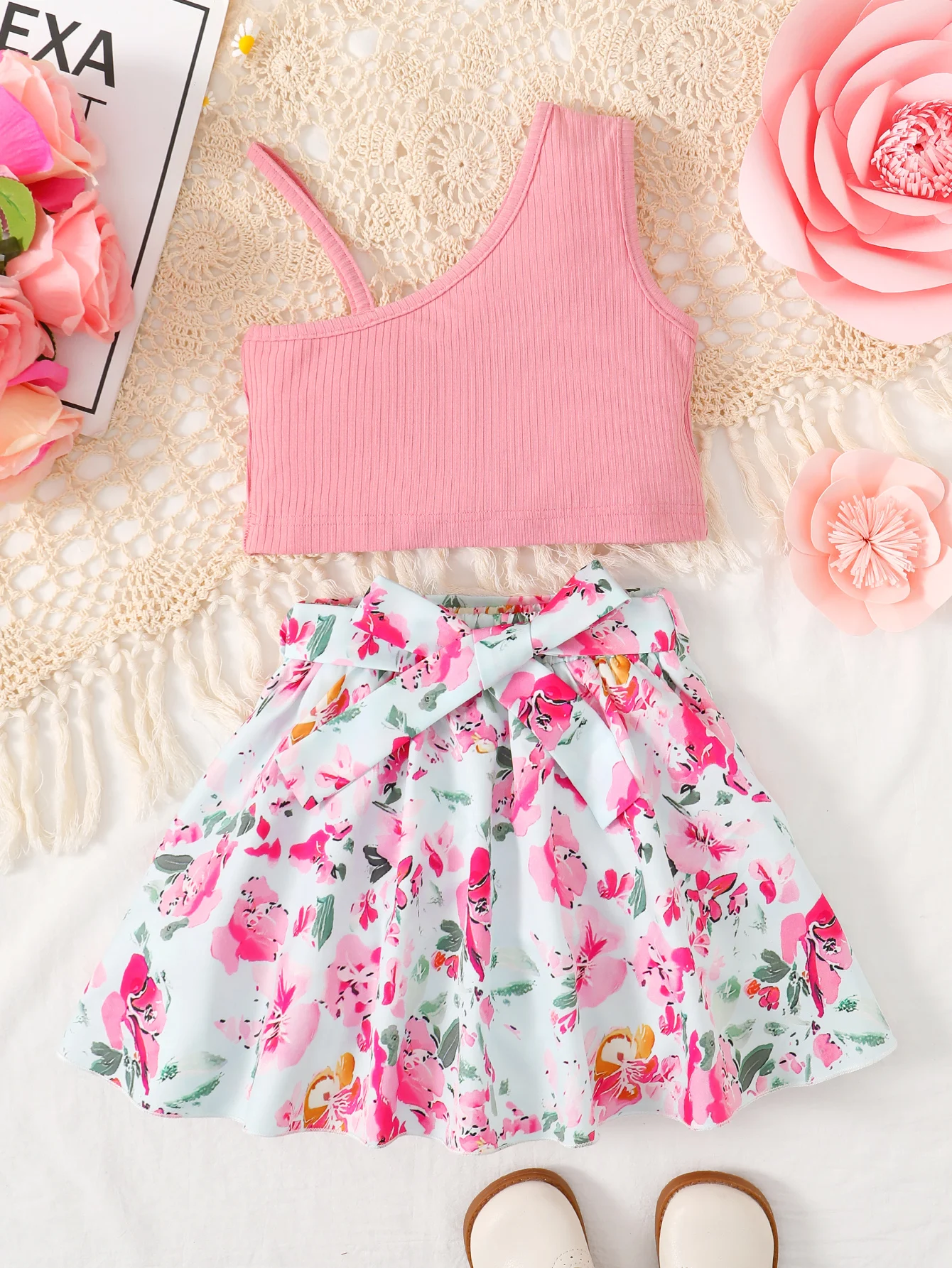 Two Piece Asymmetric Vest for Girls Paired with Tied Floral Skirt for Summer