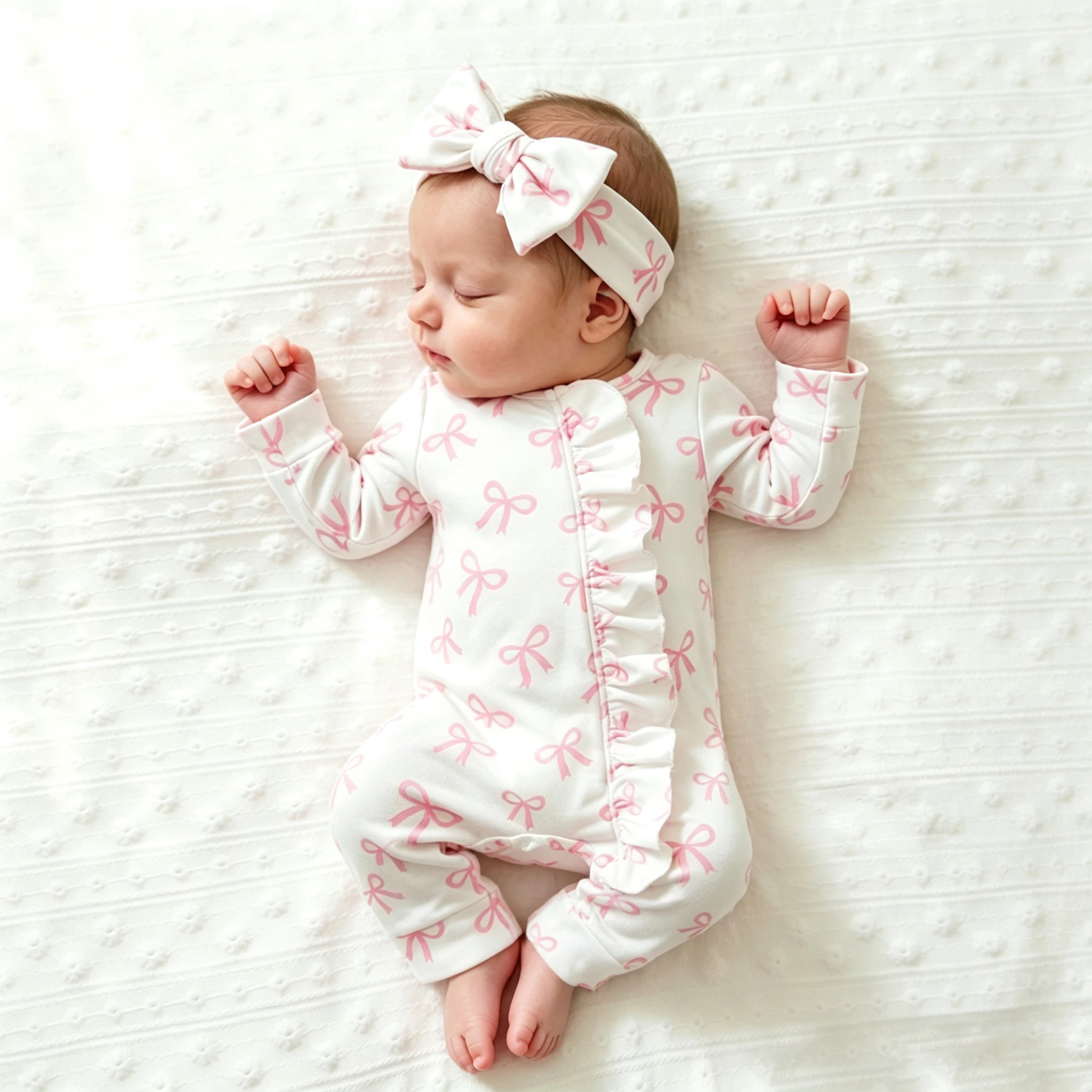Baby Girl Romper Set Newborn Long Sleeve Pink Bow Print Zipper Ruffle Jumpsuit with Bow Headband Infant Soft Daily Outfit-HD