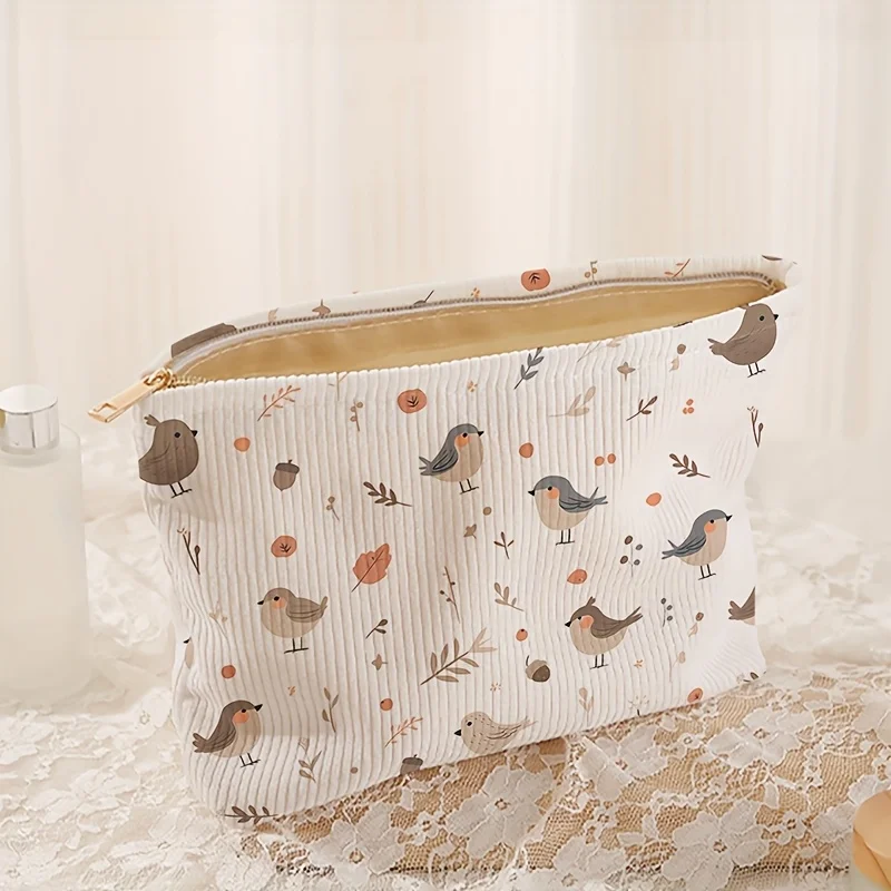 Leaf Bird Pattern Printed Corduroy Makeup Bag Lightweight Zipper Lined Bag Storage, Suitable Toiletries Accessories