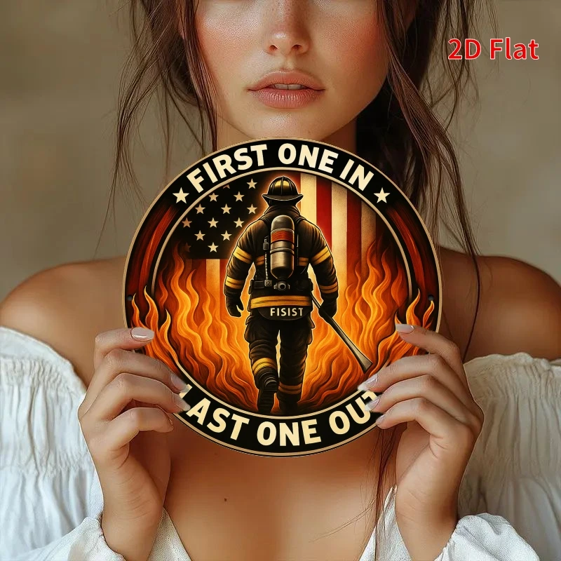 2D Flat, Vintage Firefighter First Responder Metal Wall Decor - Fire Department Badge Style - Heavy-Duty Fireman with Fire Axe -