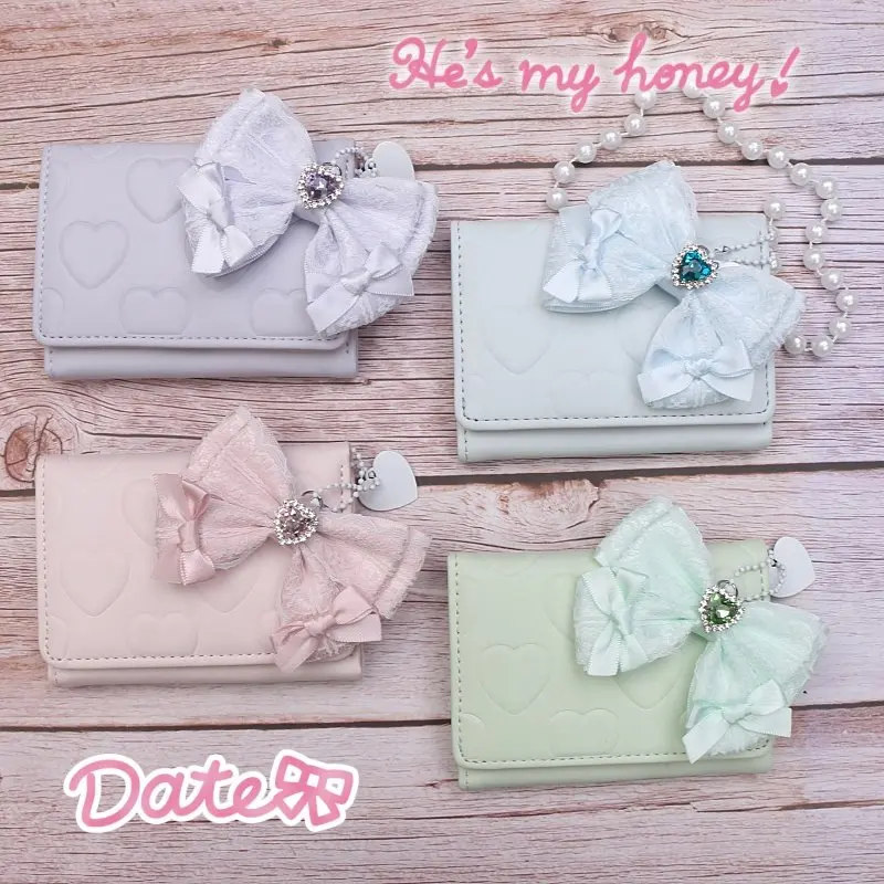 

Романтический кошелек с кружевной лентой и бантом, ручной работы, из искусственной кожи, с милым кружевным бантом, подвеской в виде сердца и тиснением в виде сердца, для женщин