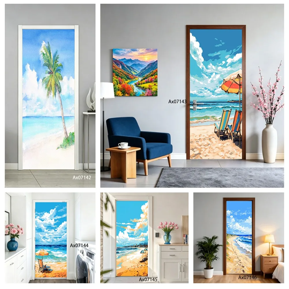 Tropical Sunset Wave Coconut Palm Oil Painting Door Sticker Art Mural Self-adhesive Kitchen Refrigerator Doors Wrap Stickers