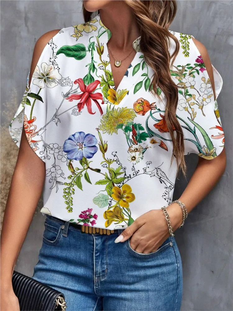 Sexy V Neck Short Sleeve Shirt Blouse Tops Office Lady Spring Summer Casual Loose Flower Print Tshirt For Women 2024 Female Tees