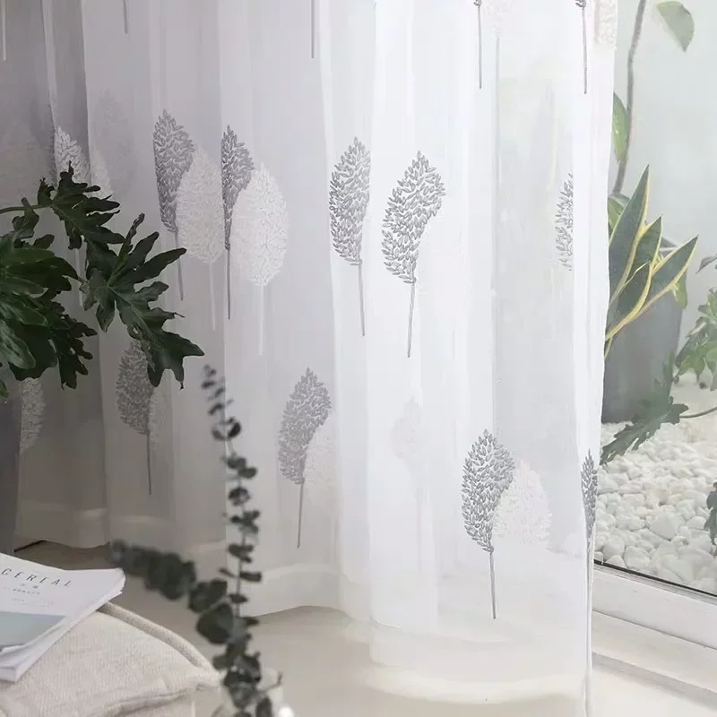 Nordic Minimalist Modern Gray Leaf Embroidery Window Screen Living Room Bedroom Balcony White Gauze Curtains Finished Products