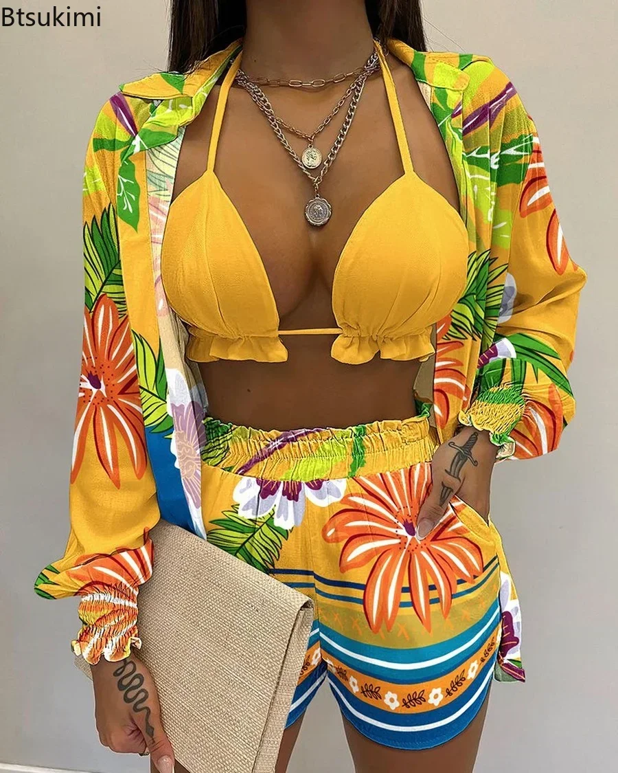 Women's Summer 3 Piece Set Outfits Swimwear Sexy Beach Printed Suspender Shirt Shorts Suit Three Piece Set Women Holiday Bikinis