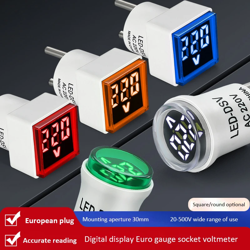 Square/Circular Digital Voltmeter Voltage Meter LED Display EU Socket Voltage Tester Detector AC 50V-500V Electrical Instruments