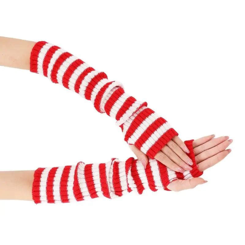 R1WE guanti a maglia a strisce Design a mezzo dito polsini lunghi per calore inverno autunnale