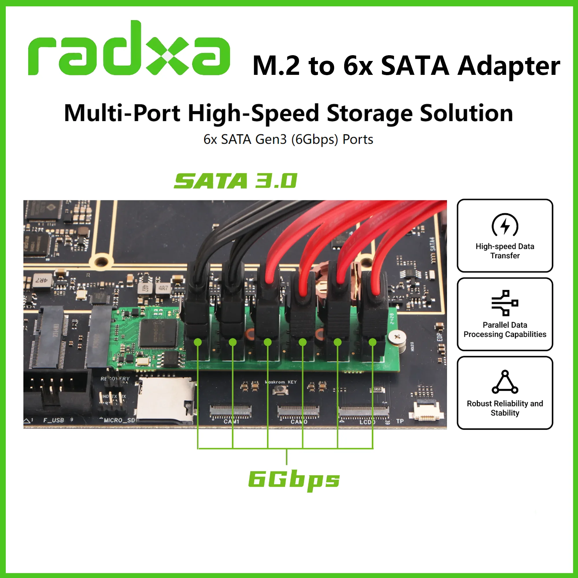Adaptador Radxa M.2 a 6x SATA, 6 puertos SATA Gen3 (6 Gbps), interfaz de llave M.2 M
