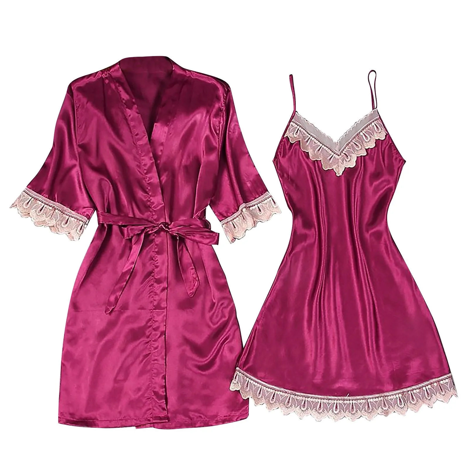 2-Piece Women Sexy Garter Lingerie Set Robes Lace Splicing Deep V-Neck Nightgown Elegant Fashion Solid Color Retro House Cloth