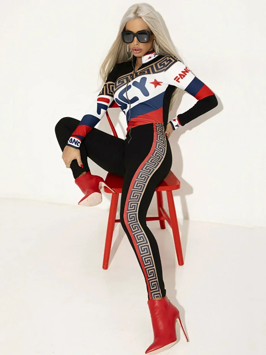 Oshoplive Fashion Casual Sports Letter Bodysuit Front Zipper Printed Long Sleeve Jumpsuits For Women