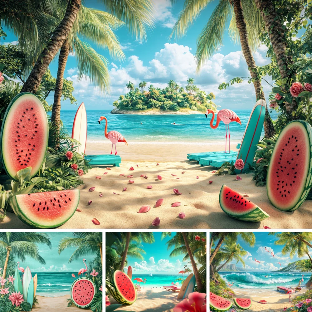 Summer Seaside Beach Hawaii Photography Backdrop Hawaiian Surfboard Flamingo Watermelon Decor Holiday Background Photo Studio