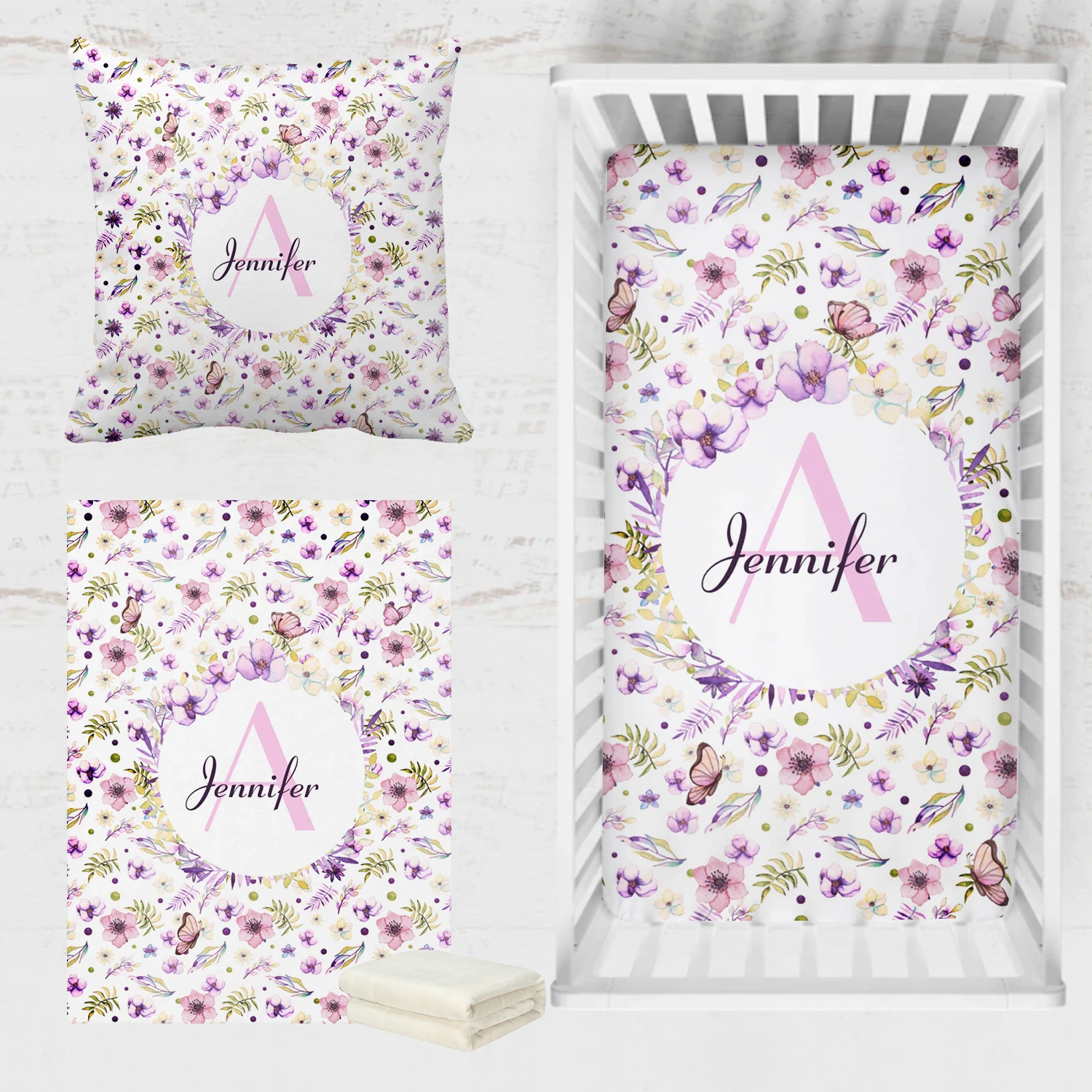 LVYZIHO Baby Girl Crib Bedding Set, Watercolor Floral Crib Sheet,  Blanket, Custom Pillow