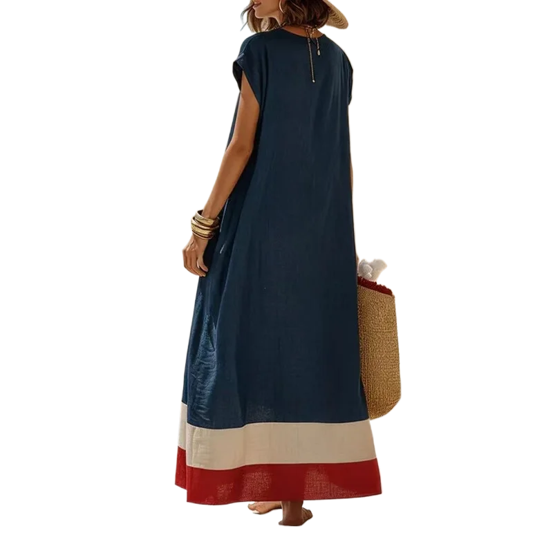 Women Linen Texture Maxi Dress Cap Sleeve Deep V Neck Color Block Striped Hem Loose A Line Flowy Long Dress Beach Vacation Dress