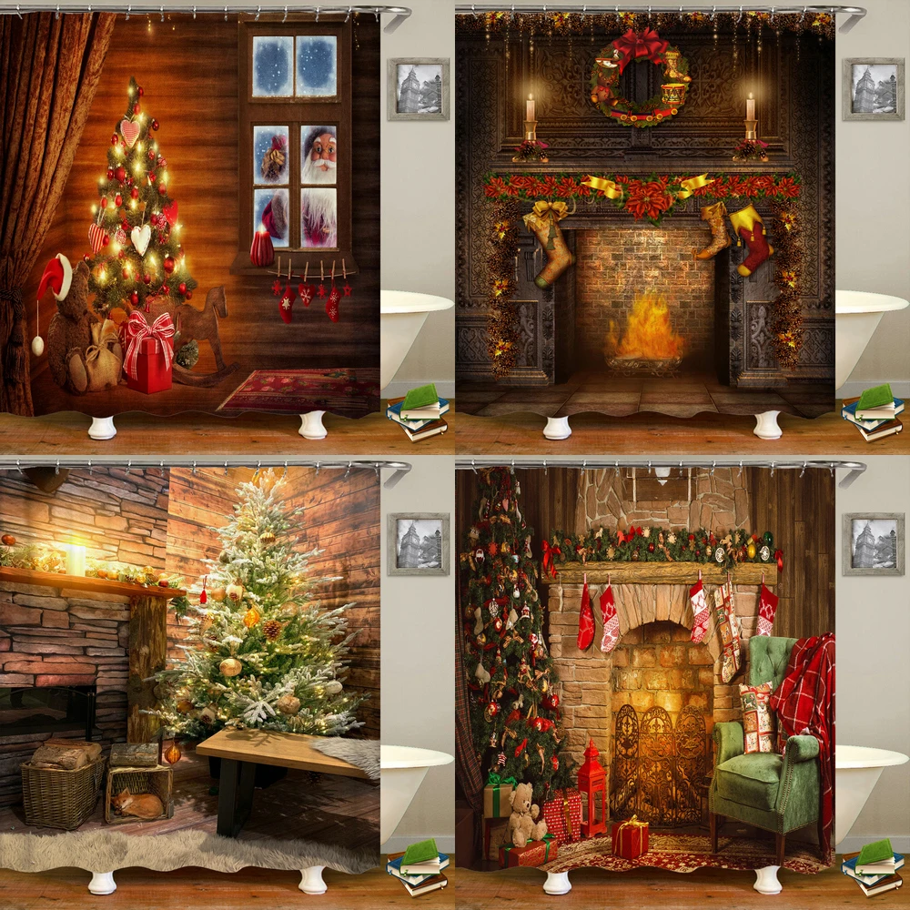 

Merry Christmas Shower Curtain Home Decor Christmas Curtain Santa Claus Bathroom Curtain Polyester Fabric Waterproof Bath Screen