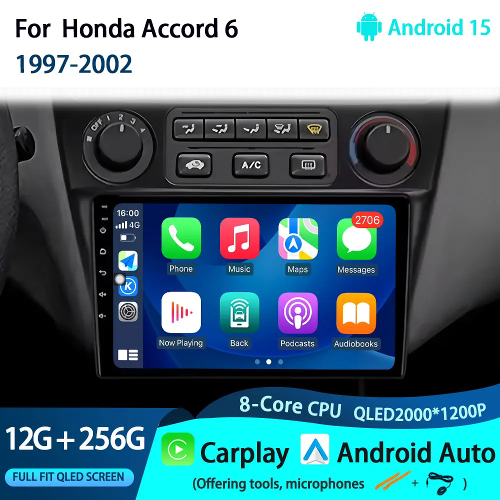 

For Honda Accord 6 1997-2002 Android 15 Car Radio Multimedia Navigation 4G GPS Universal no 2 Din Wireless Carplay Screen Stereo