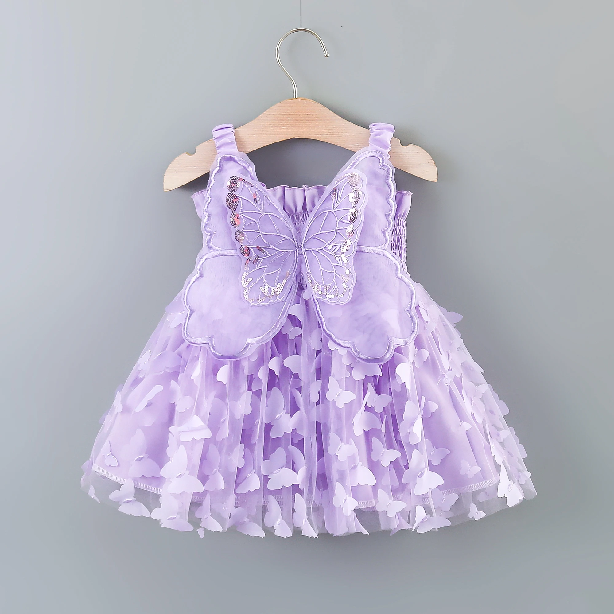 Girls' New Summer Dress With Large Butterfly Wings On The Back Drawstring Waist Mesh Colorful Butterfly Princess Dress Party