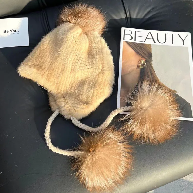 

Real Mink Fur Hat Women's Double-sided Elastic Knitted Caps Casual Warmth Ear Protection Hat With Fox Fur Ball Natural Fur Hats