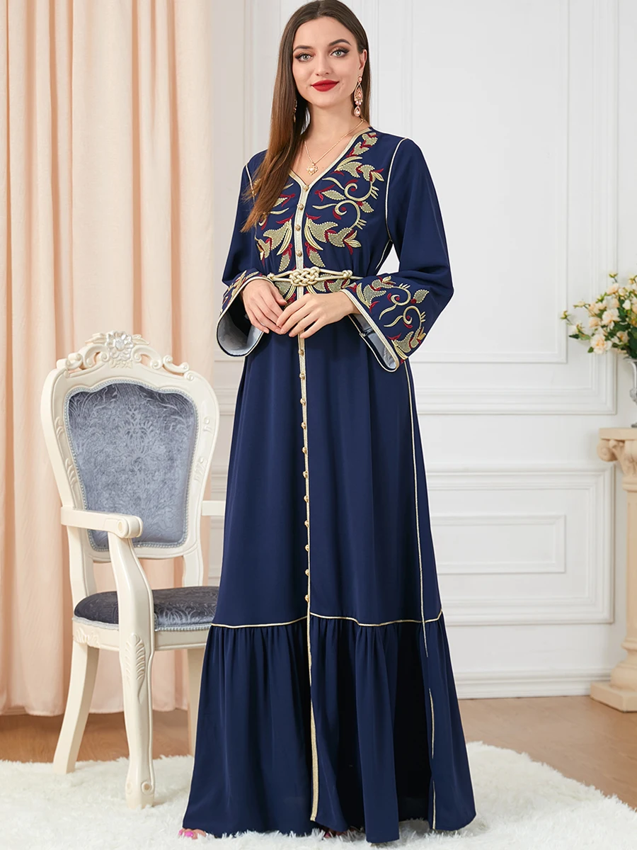 Ramadan Morocco Dress Women Muslim Abaya Fashion Dubai Abayas Embroidery Belted Kaftan Elegant Party Dresses Vestidos Spring