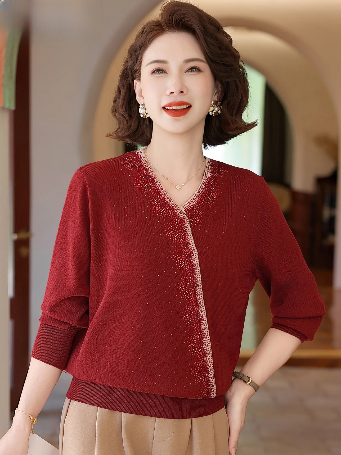 

Fall Faion Knitted Sweater for Women Mid-Aged And ly Wedding Banquet Wear V-Ne Long Sve Warm Polyester Blend Top