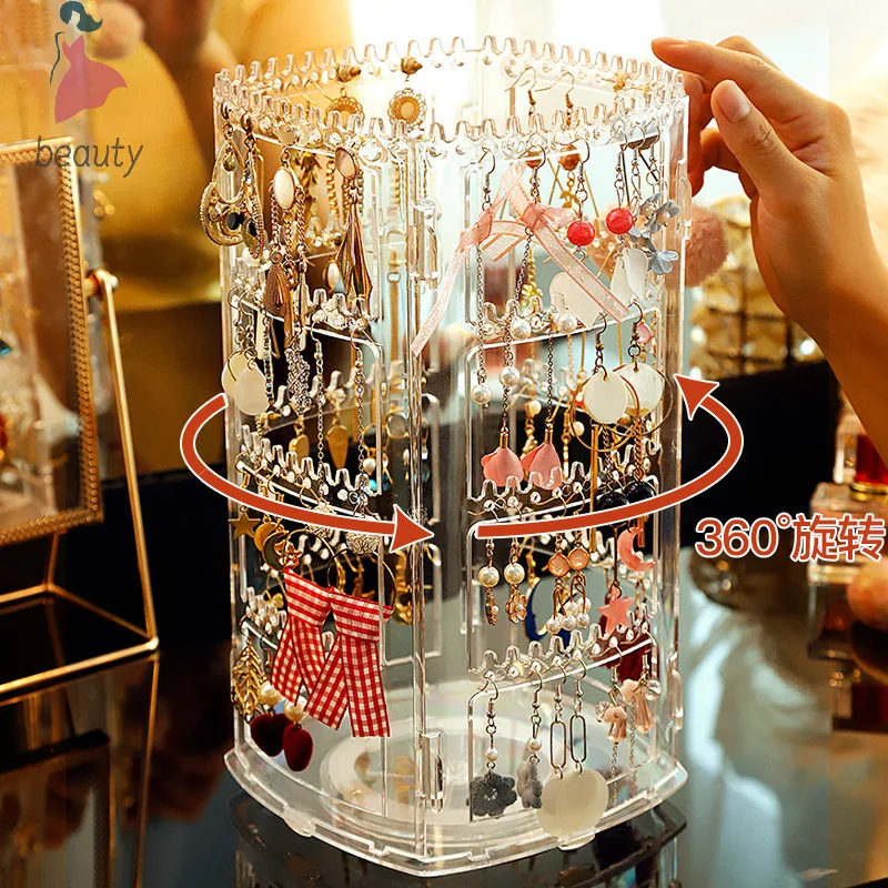 360 Degree Rotating Jewelry Storage Box Earring Display Stand Plastic Earring Organizer Holder Showcase Jewelry Makeup Case