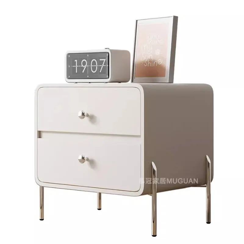 

French cream wind bedside table children's simple modern white solid wood leather bedroom Internet celebrity premium bedside tab