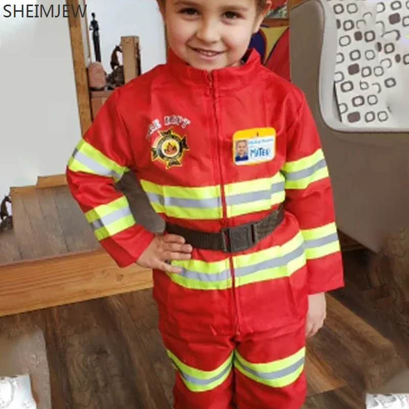 

2024 Boys Girls Carnival Party Fireman Uniform Kids Firefighter Cosplay Costume Firefighter Career Experience Outfits